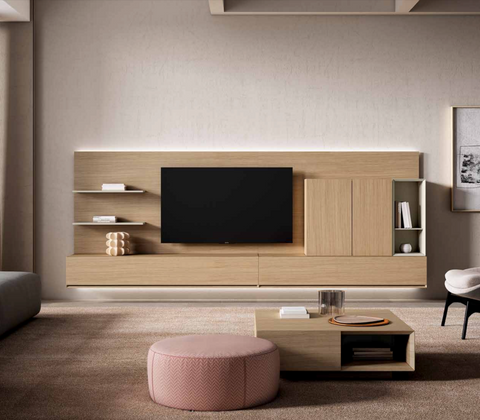 Composición 902 · Mueble TV con estantes y módulo alto