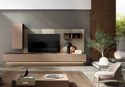 Composición 903 · Mueble TV con panel ranurado y módulos altos