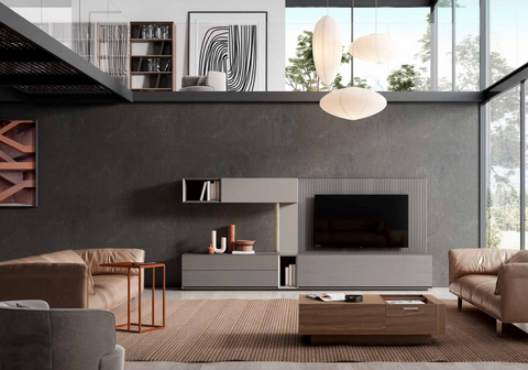 Composición 905 · Mueble TV con panel ranurado y módulos en contraste