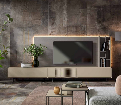 Composición 906 · Mueble TV con panel LED y bajo con listones