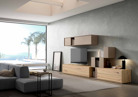 Composición 908 · Bajo TV con alto elevable y estantería