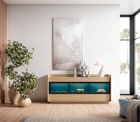 Aparador HK I — 180 cm · 2 cajones + vitrina con LED