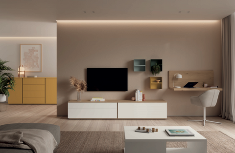 Composición salón MUSS 04 · mueble TV con tarima cubos metálicos y aparador alto