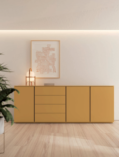 Composición salón MUSS 04 · mueble TV con tarima cubos metálicos y aparador alto