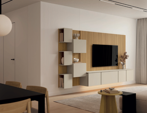 Composición salón MUSS 05 · mueble TV colgado con panel enmarcado estanterías JAZZ y luz integrada