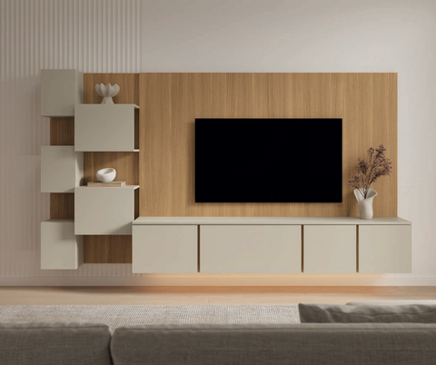 Composición salón MUSS 05 · mueble TV colgado con panel enmarcado estanterías JAZZ y luz integrada
