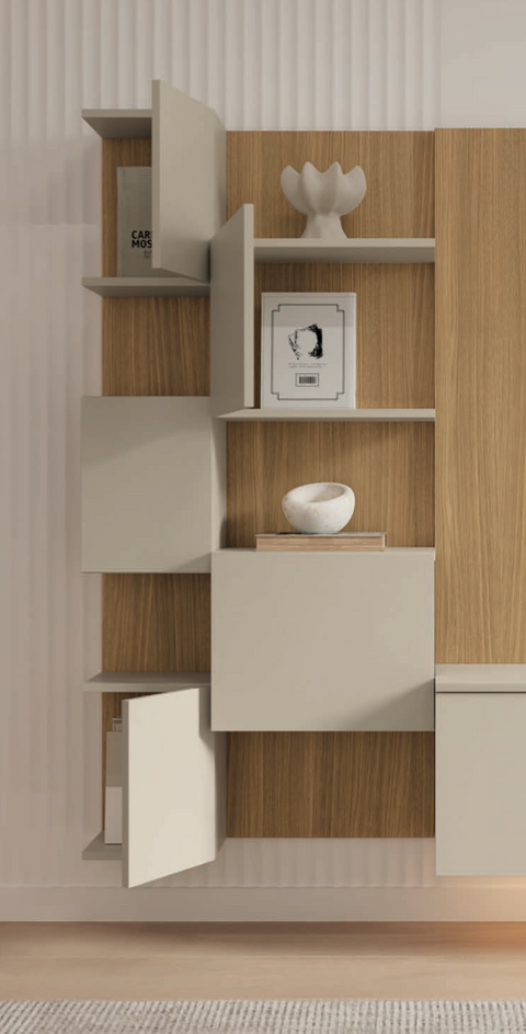 Composición salón MUSS 05 · mueble TV colgado con panel enmarcado estanterías JAZZ y luz integrada