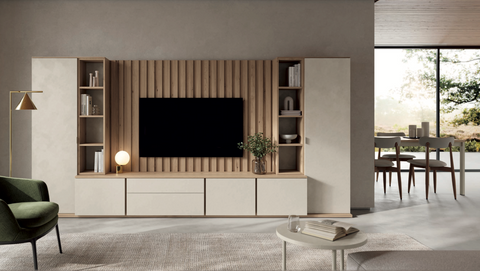 Composición salón MUSS 06 · mueble TV con tarima módulos laterales y panel acanalado horizontal con mesa de comedor