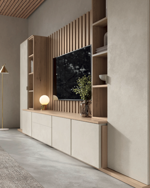 Composición salón MUSS 06 · mueble TV con tarima módulos laterales y panel acanalado horizontal con mesa de comedor