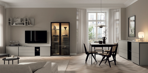 Composición salón MUSS 07 · mueble TV con tarima vitrina iluminada estanterías BOOK y aparador con mesa extensible