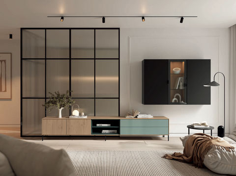 Composición salón NATUR 03 · mueble TV con patas metálicas módulos altos mixtos y vitrina iluminada