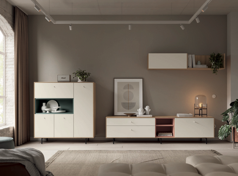 Composición salón NATUR 04 · mueble TV con patas metálicas estantería horizontal módulo alto elevable y aparador