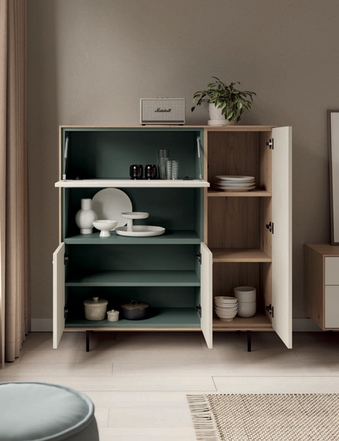 Composición salón NATUR 04 · mueble TV con patas metálicas estantería horizontal módulo alto elevable y aparador