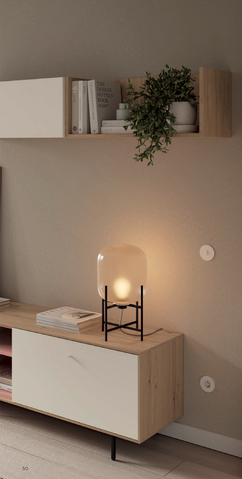 Composición salón NATUR 04 · mueble TV con patas metálicas estantería horizontal módulo alto elevable y aparador