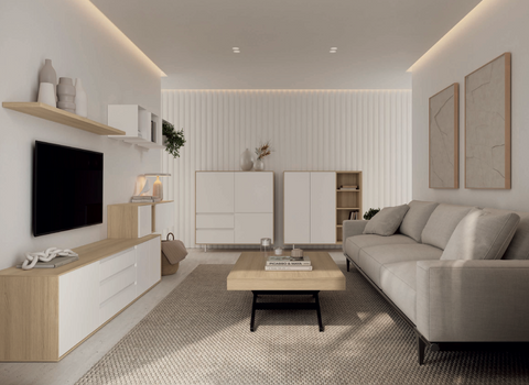 Composición salón NATUR 06 · mueble TV colgado con módulos altos cubos metálicos y doble aparador