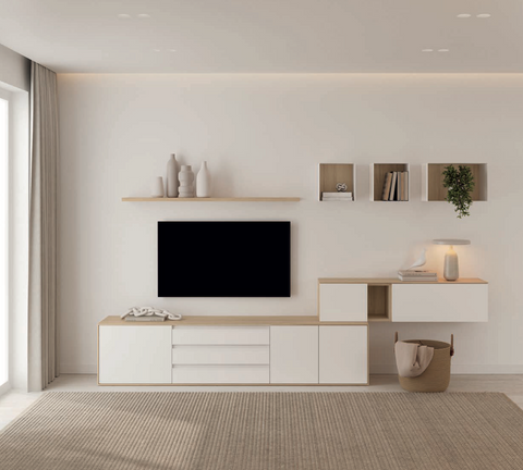 Composición salón NATUR 06 · mueble TV colgado con módulos altos cubos metálicos y doble aparador