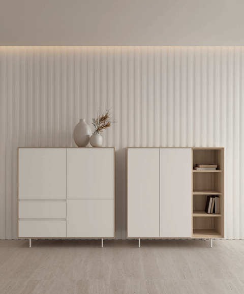 Composición salón NATUR 06 · mueble TV colgado con módulos altos cubos metálicos y doble aparador