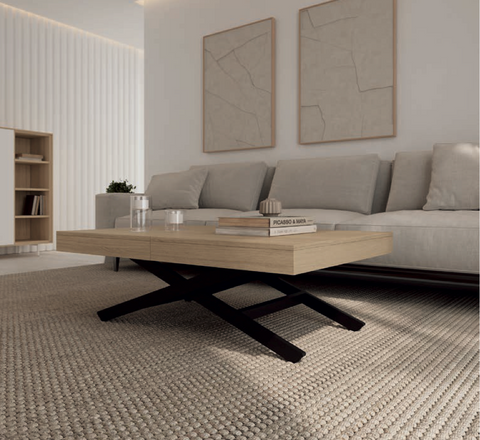 Composición salón NATUR 06 · mueble TV colgado con módulos altos cubos metálicos y doble aparador