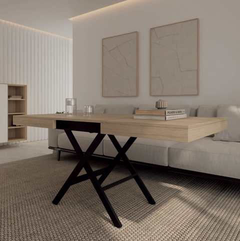 Composición salón NATUR 06 · mueble TV colgado con módulos altos cubos metálicos y doble aparador