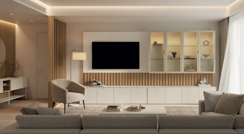 Composición salón NATUR 07 · doble mueble TV con panel ribbon y vitrinas iluminadas separador decorativo y aparador con espejo