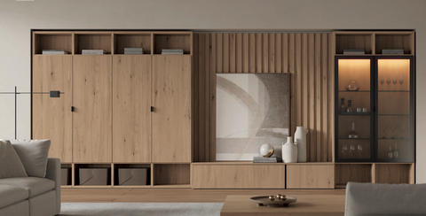 Librería 01 · frente modular con librerías de madera panel ribbon vitrina iluminada y mueble TV integrado