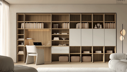 Librería 02 · frente ALLEGRO modular con estantería a medida mesa integrada y puertas de madera