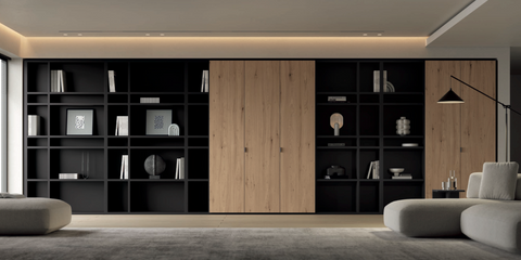 Librería 03 · librería modular con montantes recalada trasera continua y puertas de madera