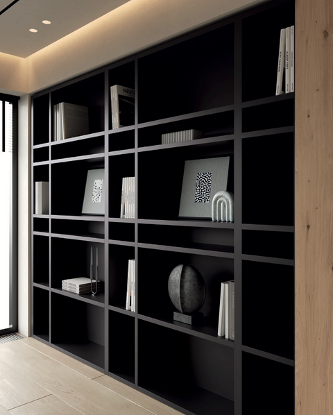 Librería 03 · librería modular con montantes recalada trasera continua y puertas de madera