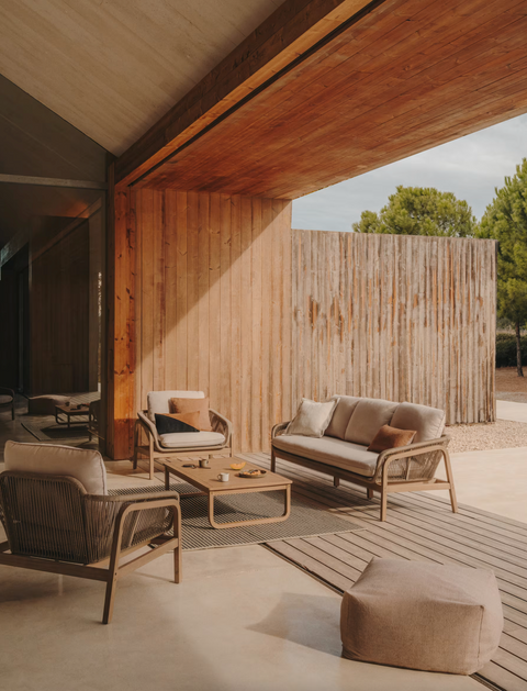 Set Vellana sofá 3 plazas, 2 sillones y mesa centro madera maciza acacia