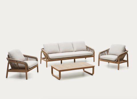 Set Vellana sofá 3 plazas, 2 sillones y mesa centro madera maciza acacia