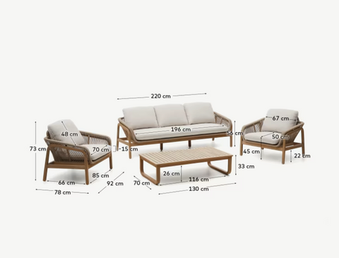 Set Vellana sofá 3 plazas, 2 sillones y mesa centro madera maciza acacia