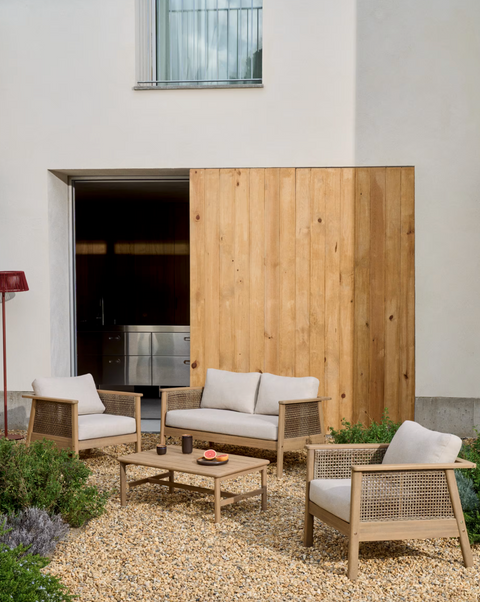 Set Alabe de sofá de 2 plazas, 2 sillones y mesa de centro de madera de acacia