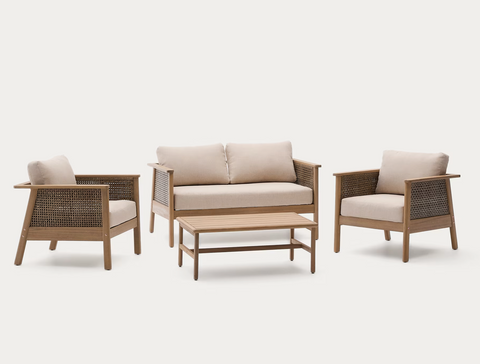 Set Alabe de sofá de 2 plazas, 2 sillones y mesa de centro de madera de acacia