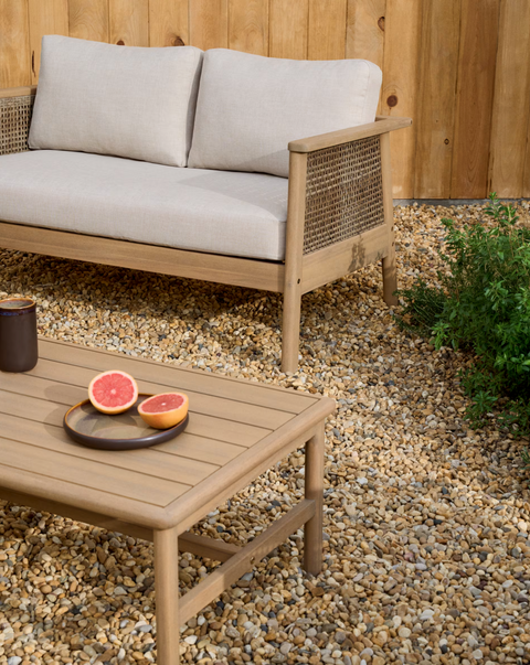 Set Alabe de sofá de 2 plazas, 2 sillones y mesa de centro de madera de acacia