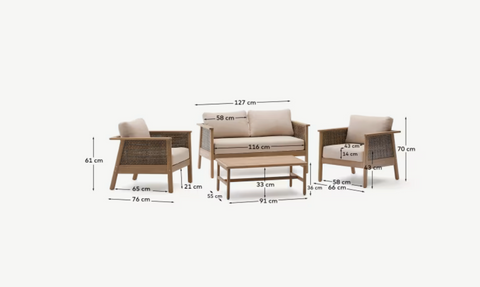 Set Alabe de sofá de 2 plazas, 2 sillones y mesa de centro de madera de acacia