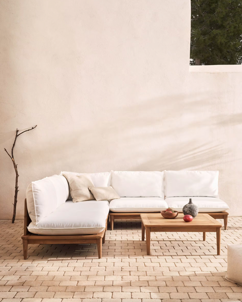 Set modular Portitxol sillón rinconero, 4 sillones y mesa de centro de madera maciza teca