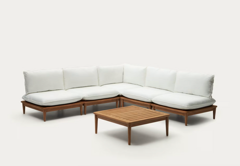 Set modular Portitxol sillón rinconero, 4 sillones y mesa de centro de madera maciza teca