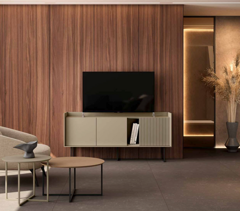 Aparador HK X · 2 puertas, hueco y puerta ranurada con patas de hierro