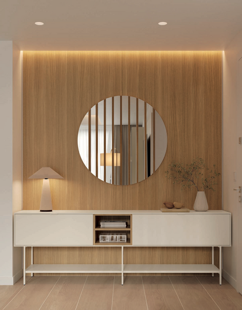 Composición salón NATUR 07 · doble mueble TV con panel ribbon y vitrinas iluminadas separador decorativo y aparador con espejo