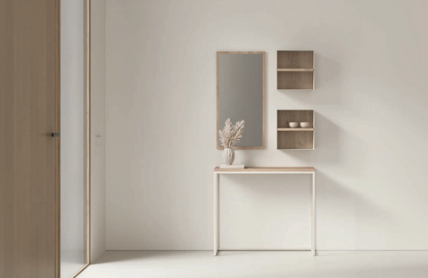 Recibidor 02 · consola metálica con panel espejo y cubos metálicos con estante
